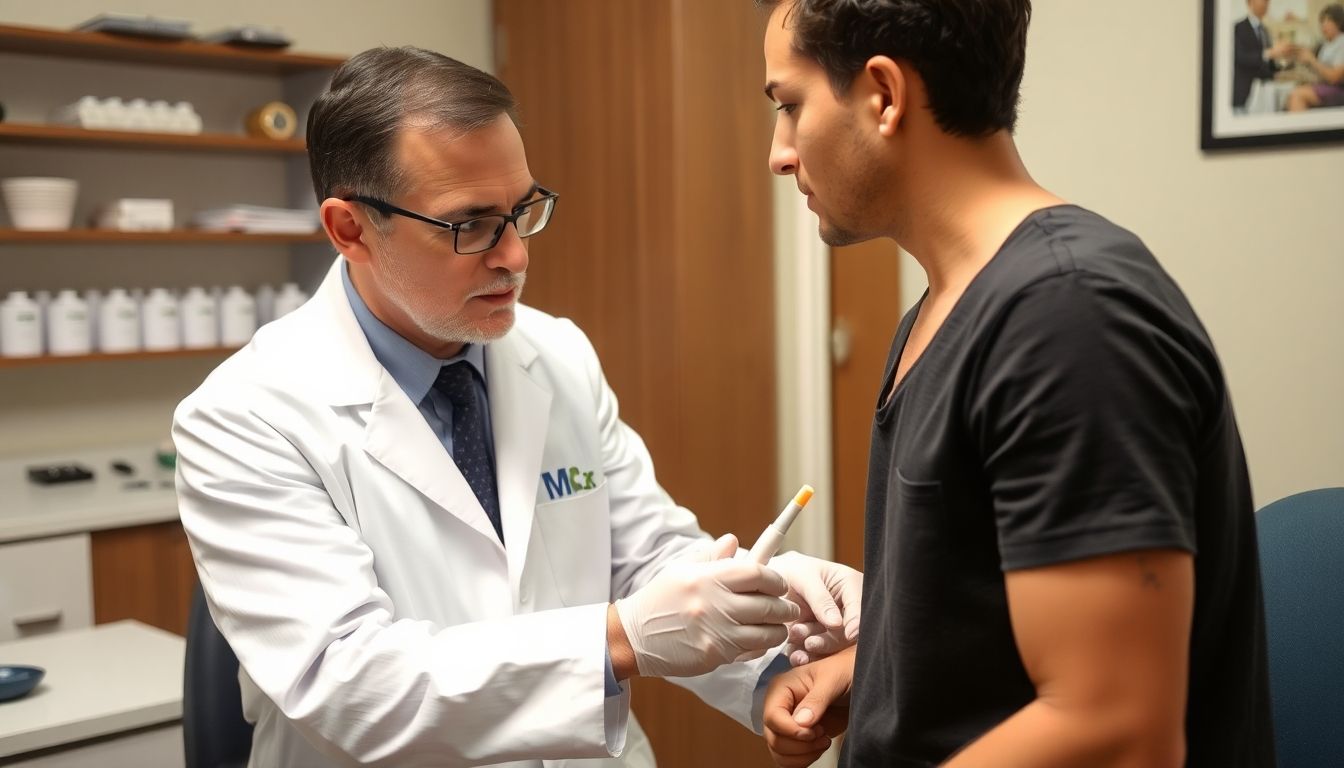 Doctor examining a patient for scabies symptoms.