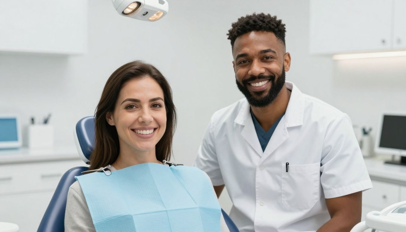 Woman and dentist smiling in a bright dental office.