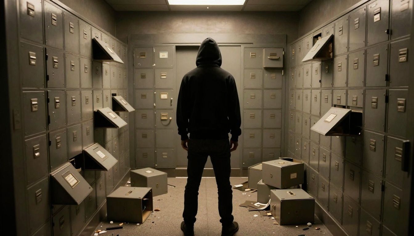 Robber in front of empty safety deposit boxes in a bright bank.