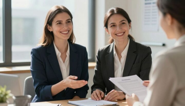 Woman happily receives advice from a professional expert.