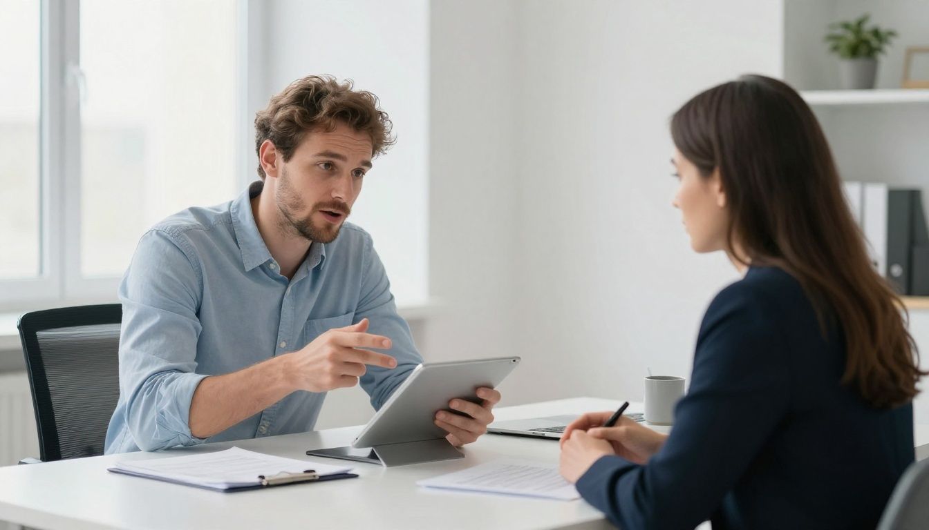 Man and client discussing financial documents in a bright office.