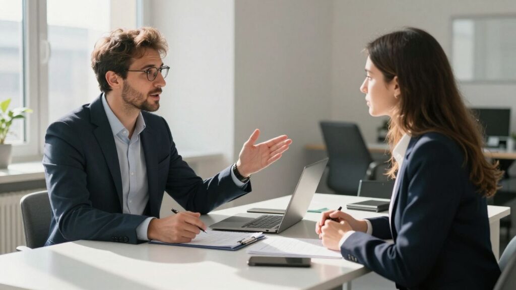 Berater und Klientin im Gespräch in einem modernen Büro.
