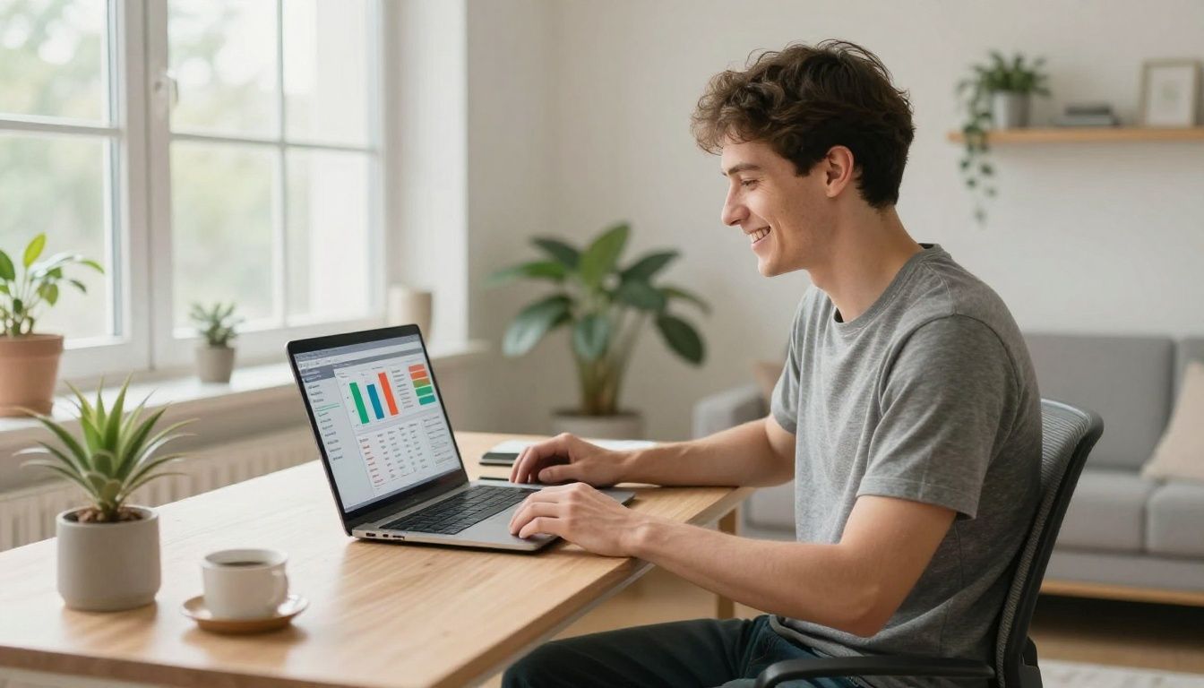 Mann am Laptop freut sich über ETF-Rendite zuhause