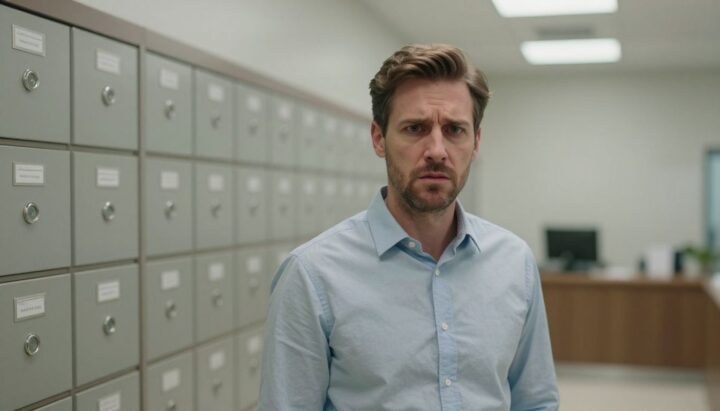 Man looking critically at safety deposit boxes in a bank.