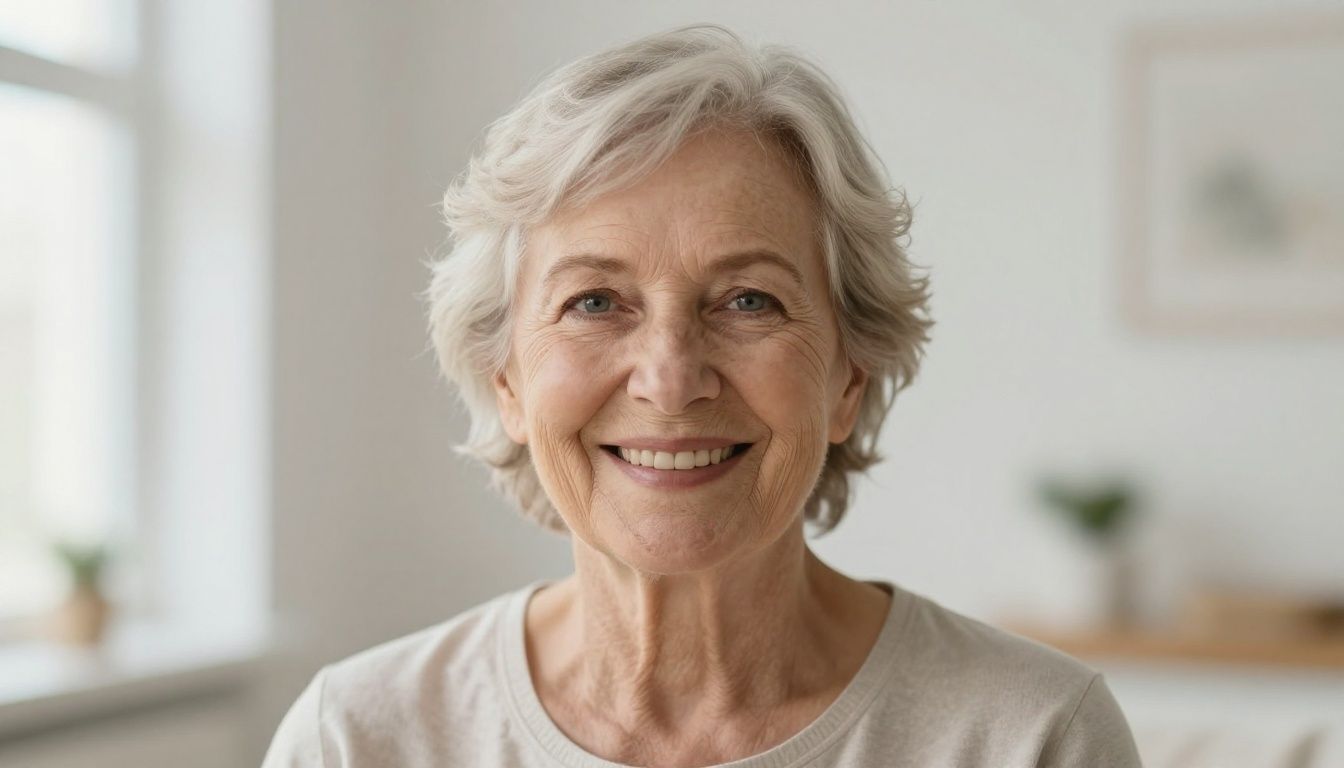 Smiling elderly woman in a bright, comforting environment.