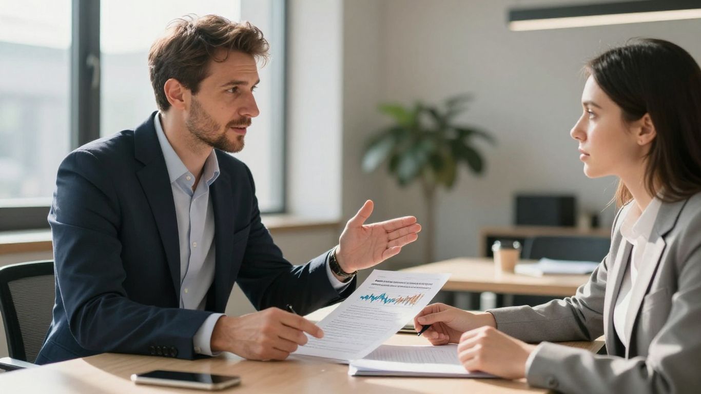 Berater und Klient besprechen Finanzdokumente im Büro.