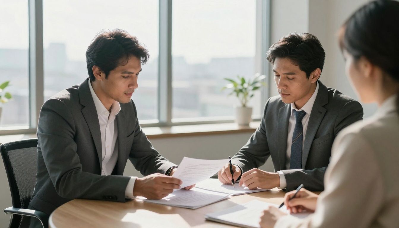 Man and client discussing financial documents in an office.