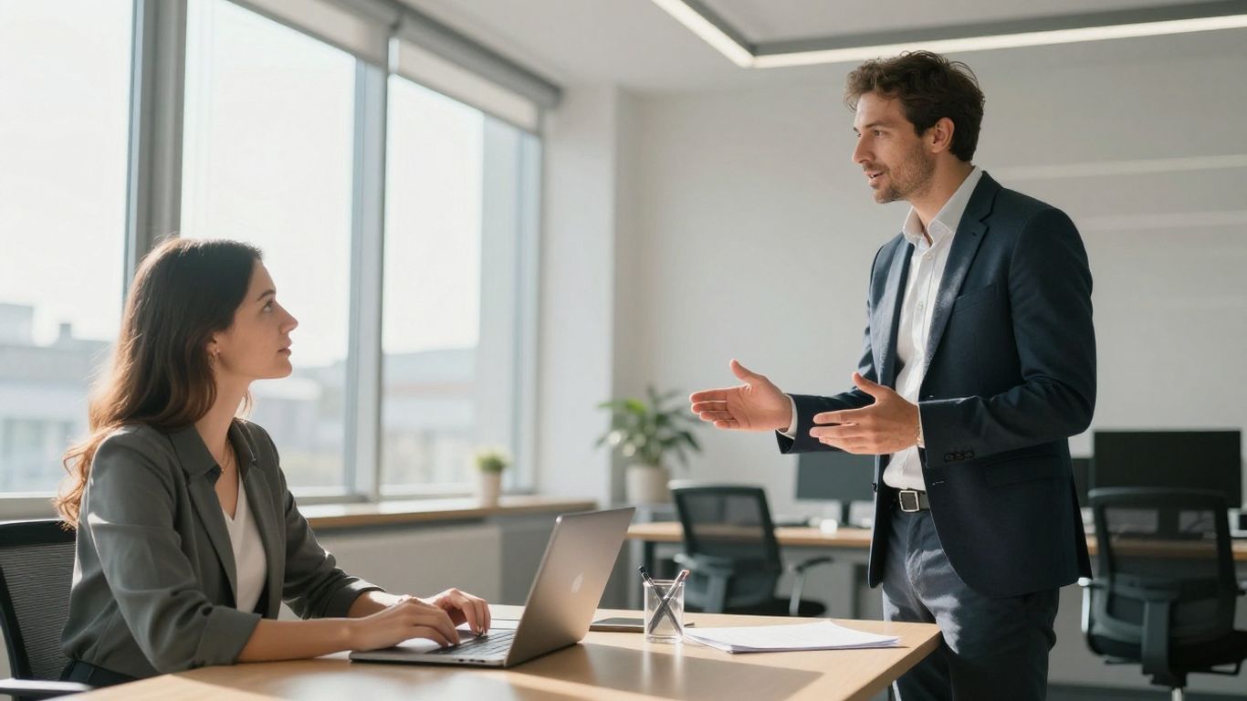 Berater und Kunde im Gespräch in einem modernen Büro.