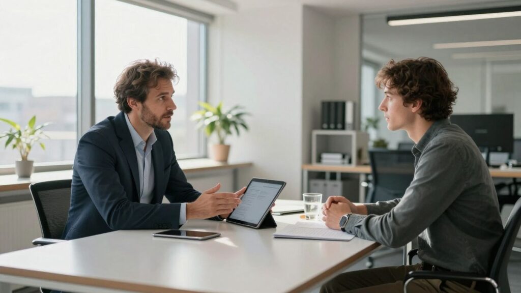 Berater und Kunde sprechen in einem modernen Büro.