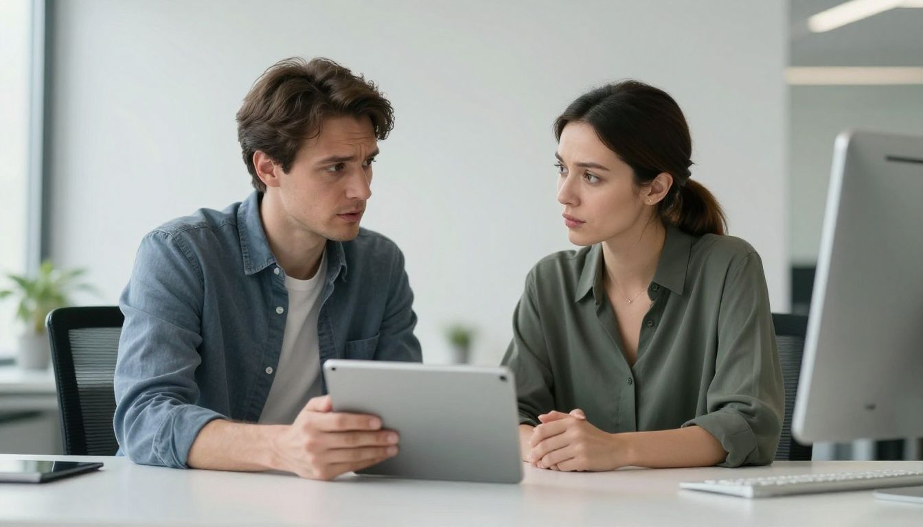Couple discussing finances at a bright office desk.