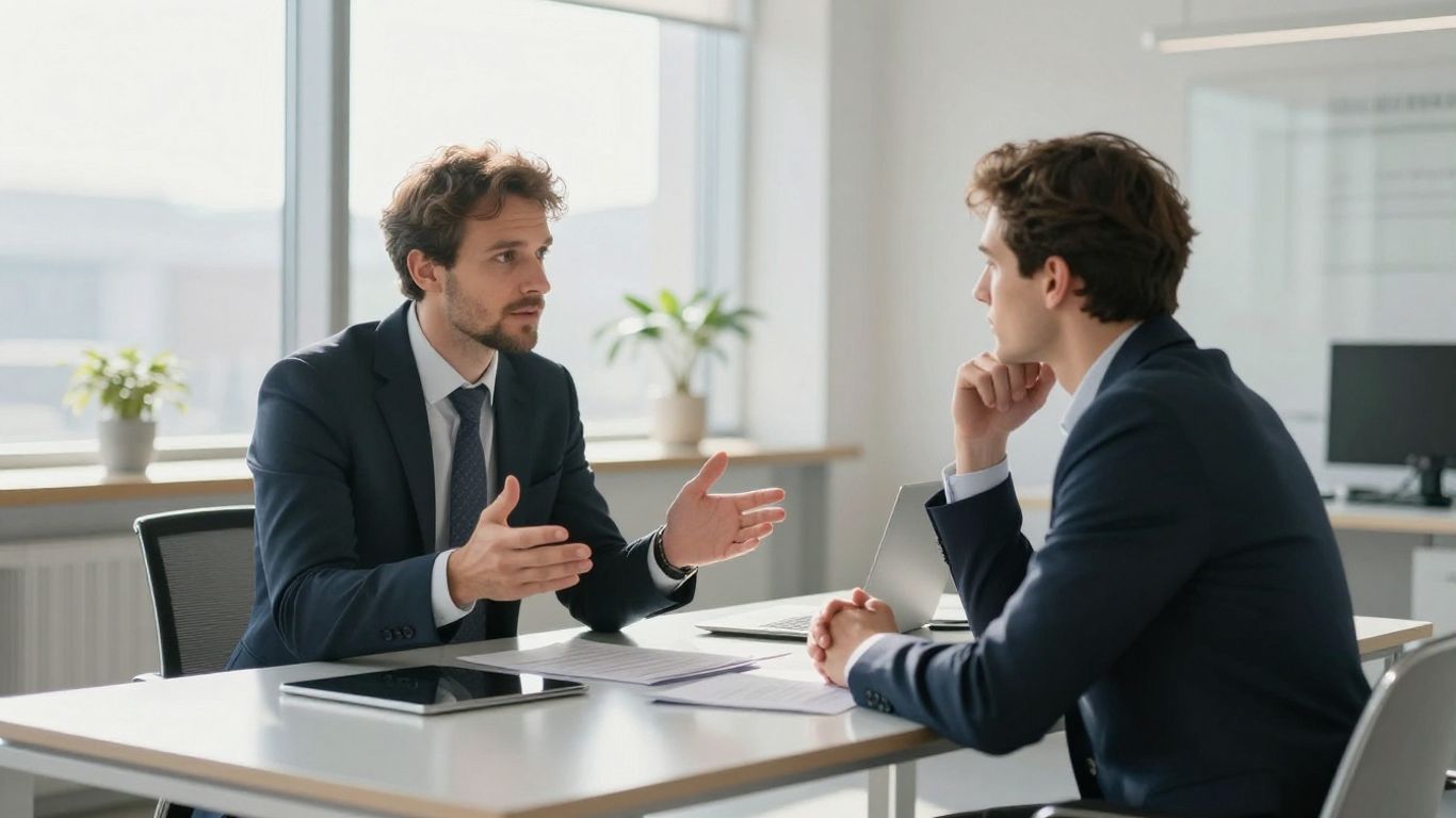 Berater und Klient im Gespräch in einem modernen Büro.