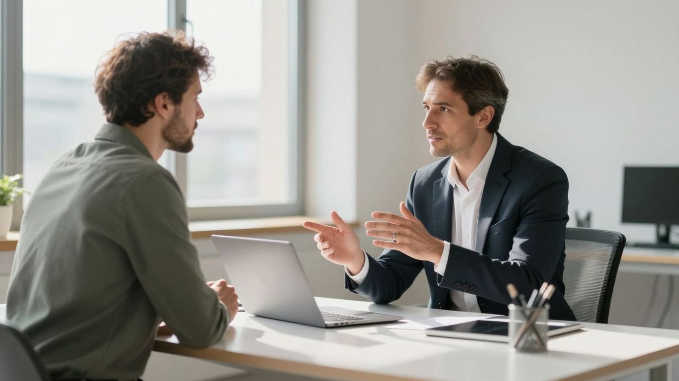 Berater und Kunde im Gespräch in einem modernen Büro.