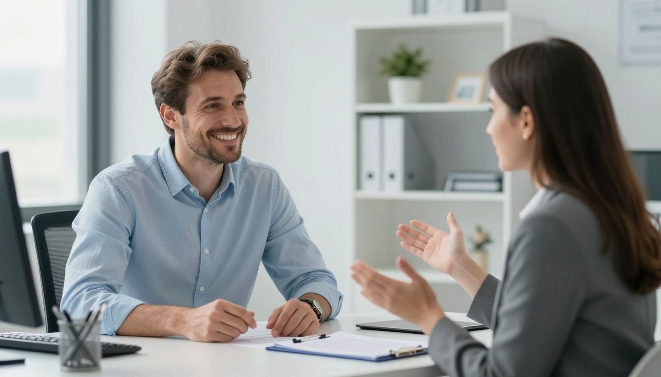 Man and woman consulting about dental insurance in an office.