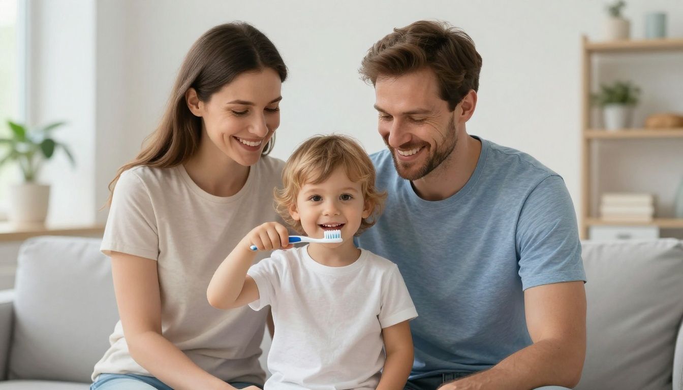 Family smiling with child holding a toothbrush.