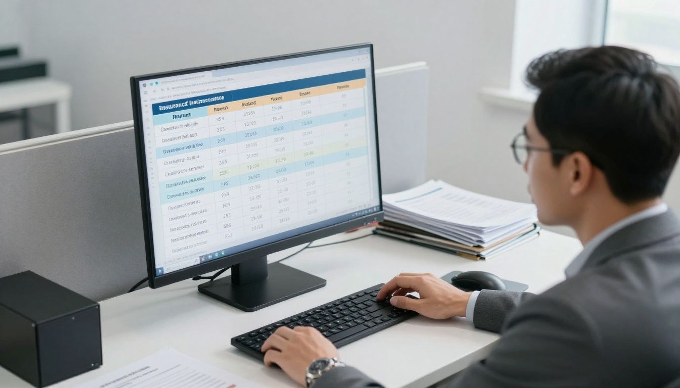 Insurance broker comparing tariffs on a computer.