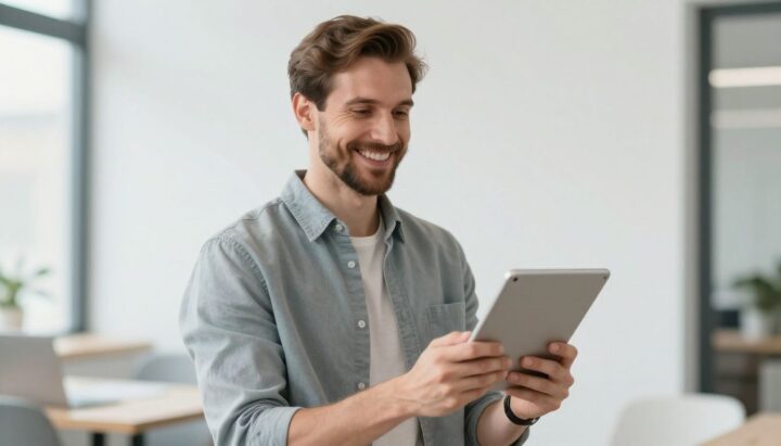 Man happily looking at a tablet in a bright environment.