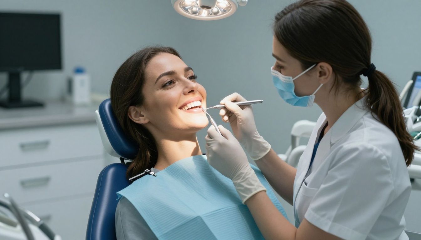 Smiling woman at dentist, receiving dental care.