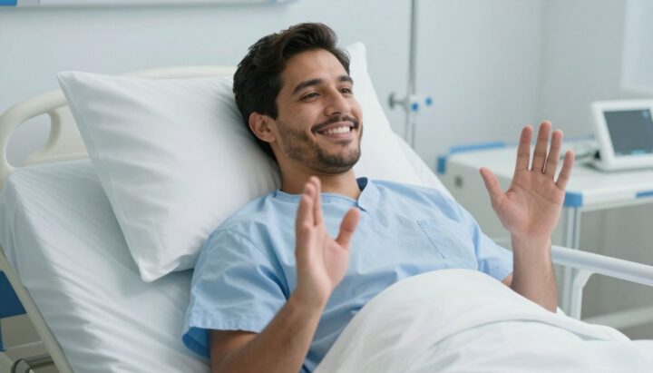 Man in hospital bed happy about insurance payout.