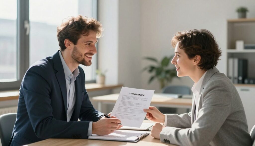 German advisor and client discussing insurance in a bright office.