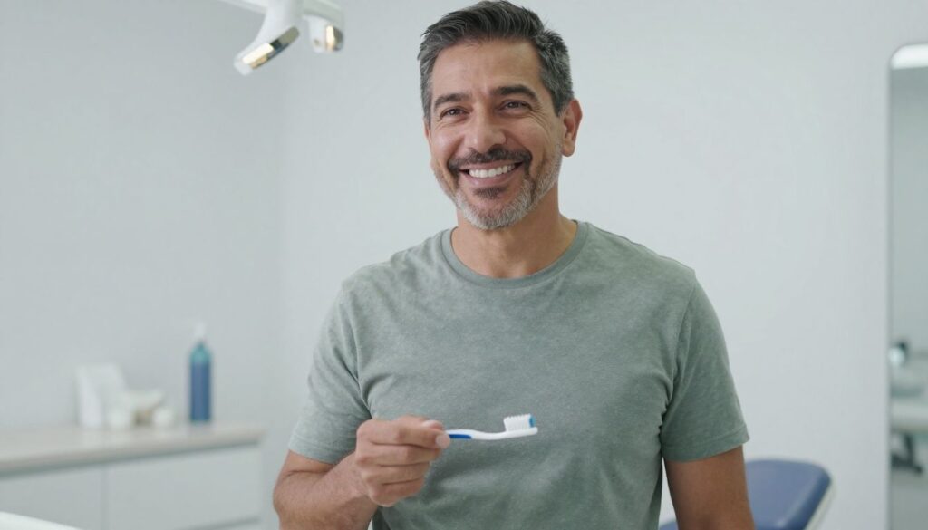 Man smiling happily in a bright, clean dental setting.