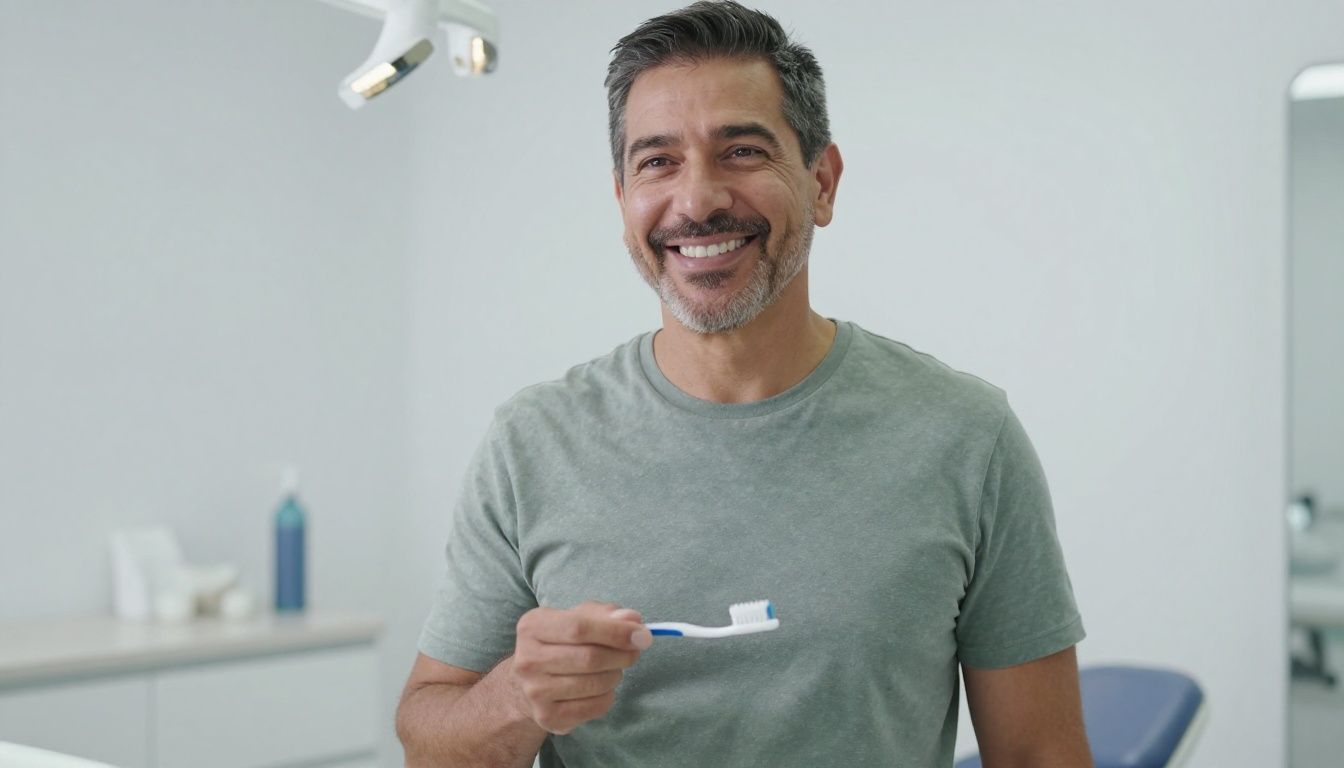 Man smiling happily in a bright, clean dental setting.