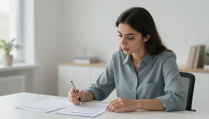 Woman comparing dental insurance plans in a bright room.