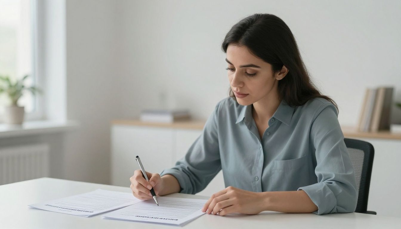 Woman comparing dental insurance plans in a bright room.