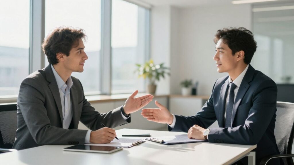 Berater und Klient im Gespräch in einem modernen Büro.