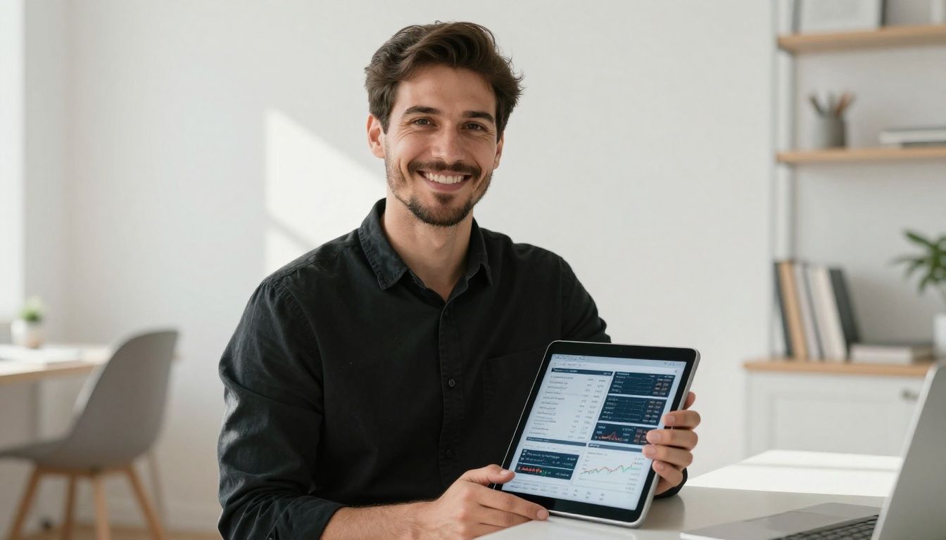 Man happily looking at investment tips on a tablet.