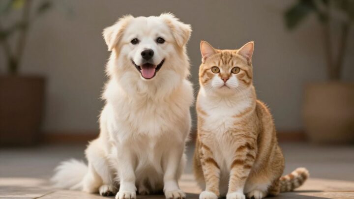 Hund und Katze schauen glücklich in die Kamera.