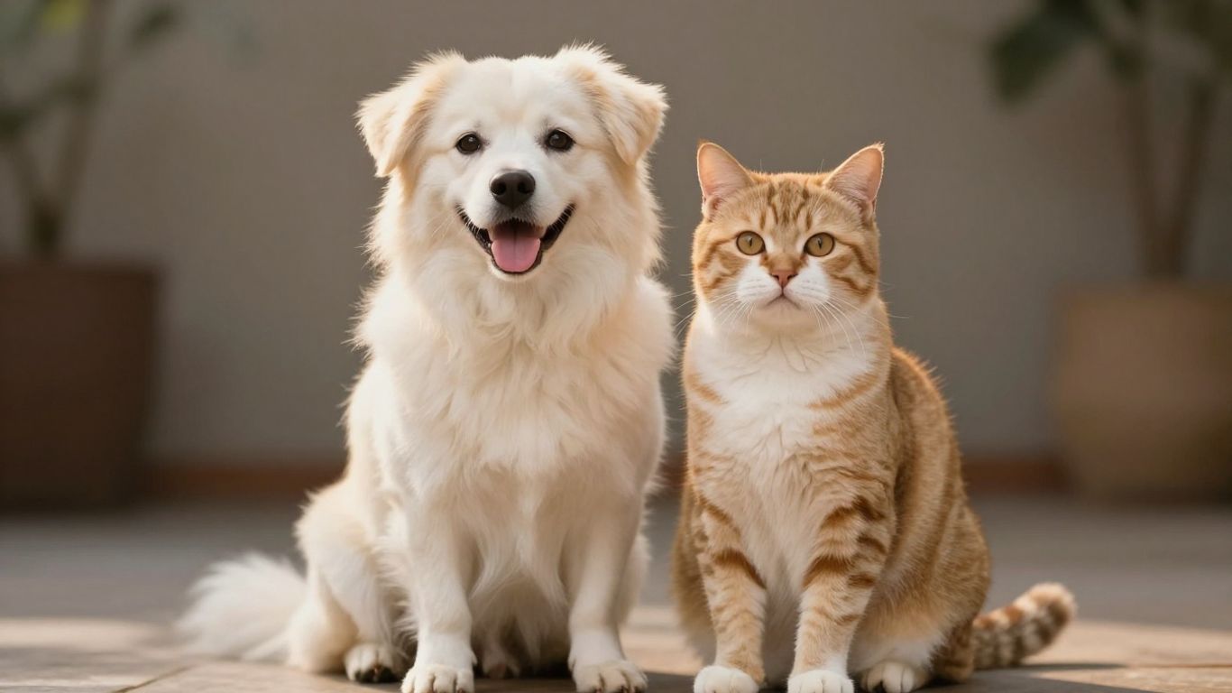 Hund und Katze schauen glücklich in die Kamera.