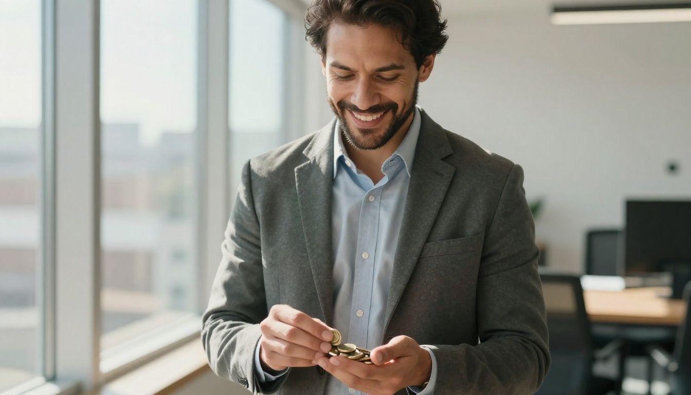 Self-employed person happily receiving money back.