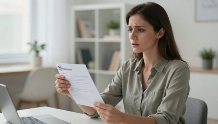 Woman receiving a letter from an insurance company looking concerned.