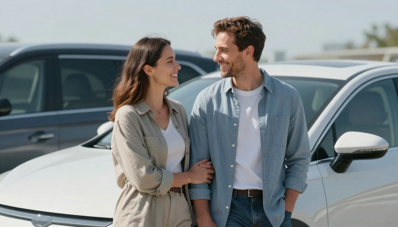 Couple happy about savings in front of car.