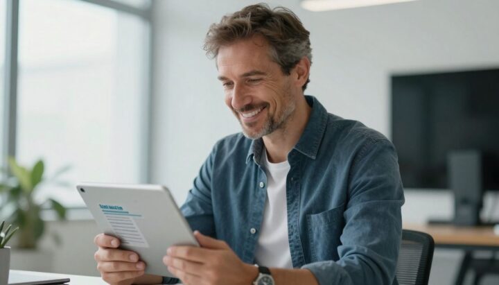 Man happily receiving expert advice on insurance.