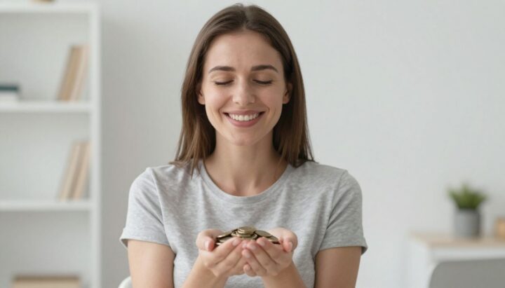 Woman happily holding coins, symbolizing savings and good insurance.