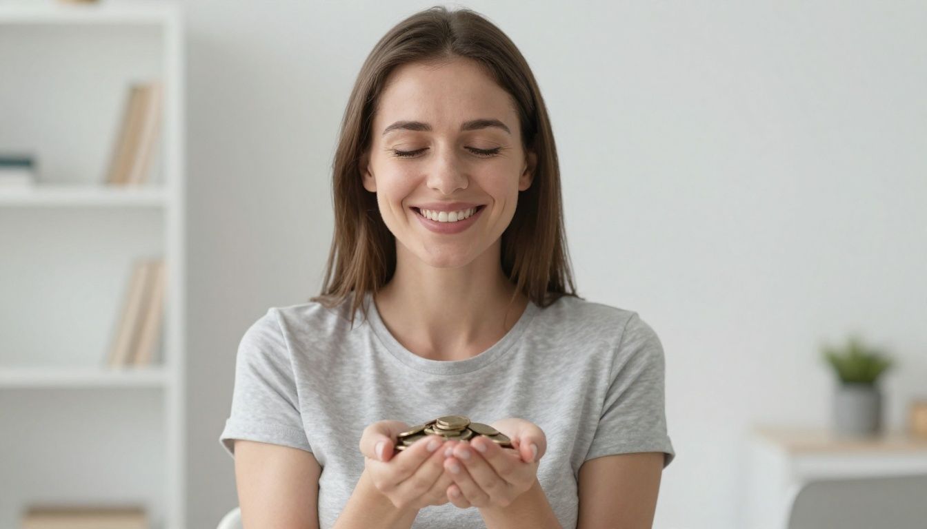 Woman happily holding coins, symbolizing savings and good insurance.