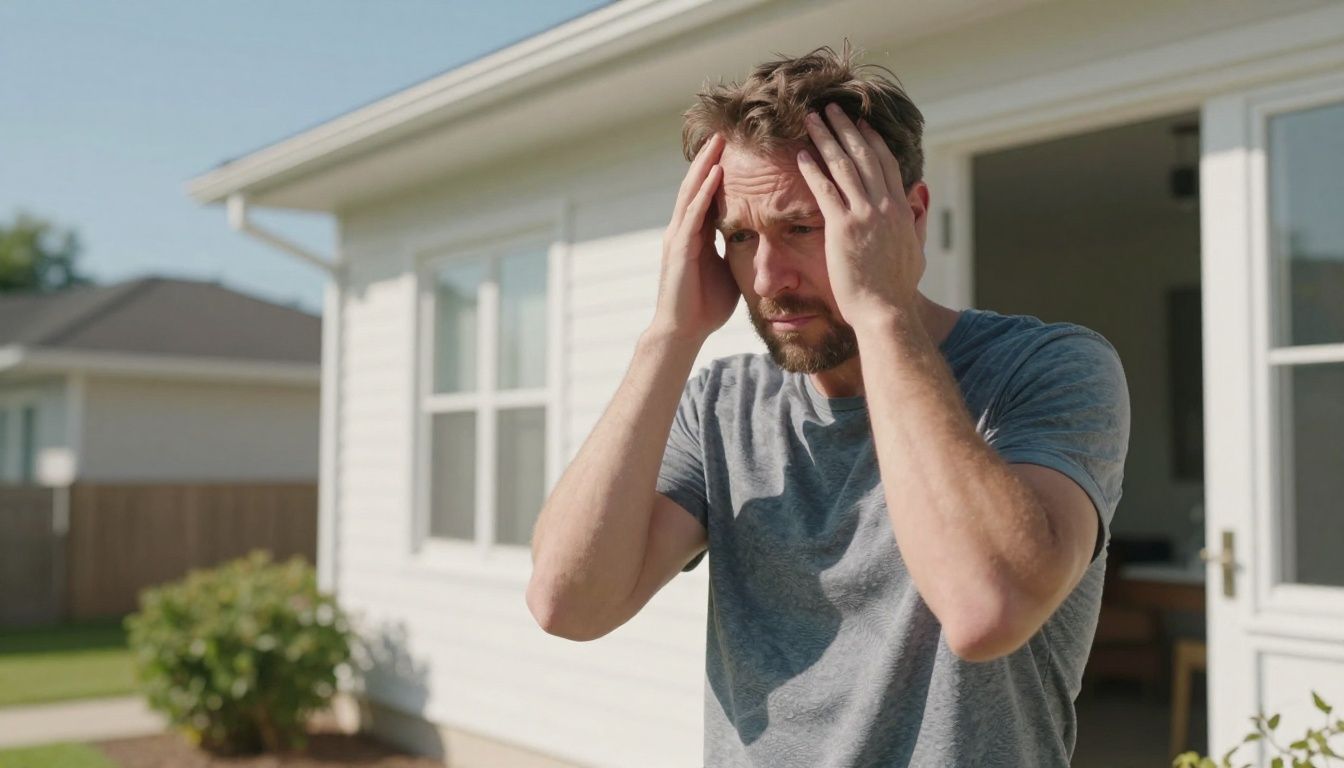 Man looks confused and worried outside his house.