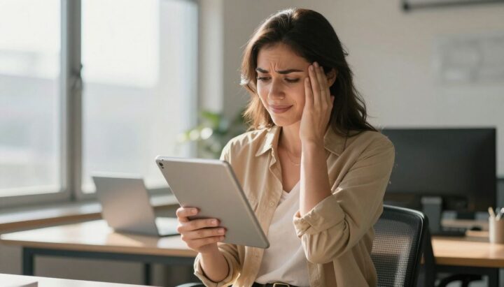 Woman happily looking at tablet in a bright room.