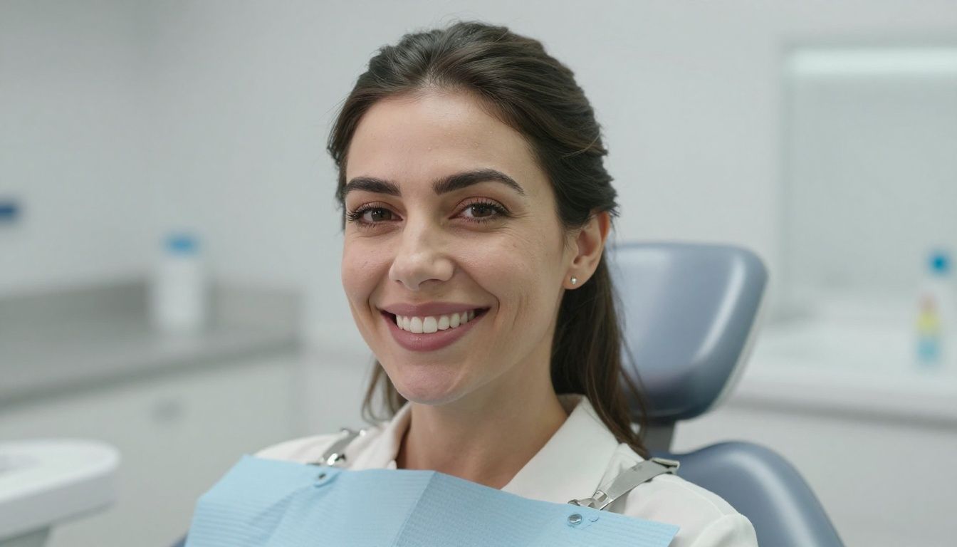 Happy woman in a bright dental office.
