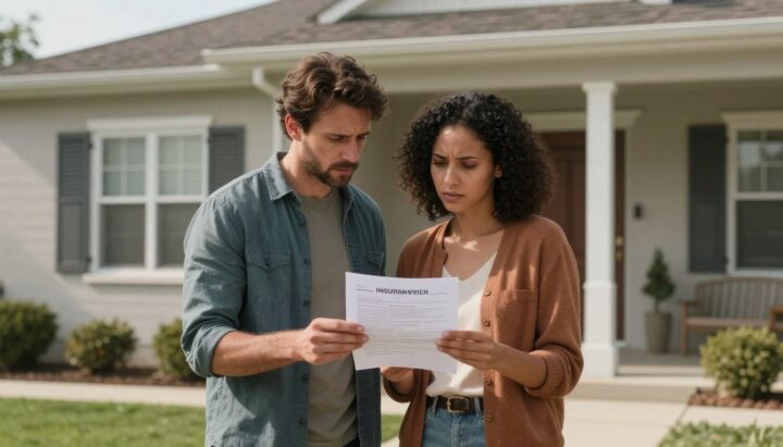 Couple reading worrying insurance letter outside their house.