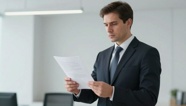 Lawyer holding a document in a bright office.
