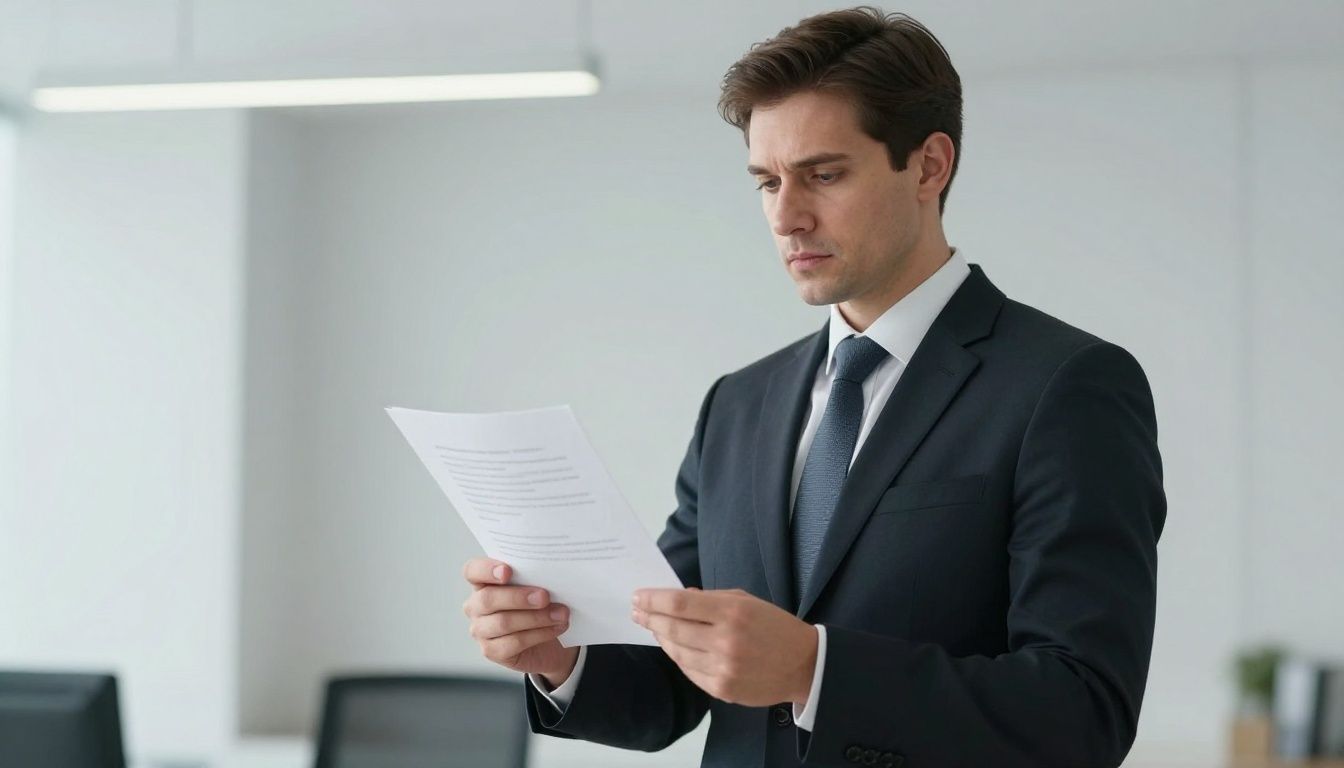 Lawyer holding a document in a bright office.