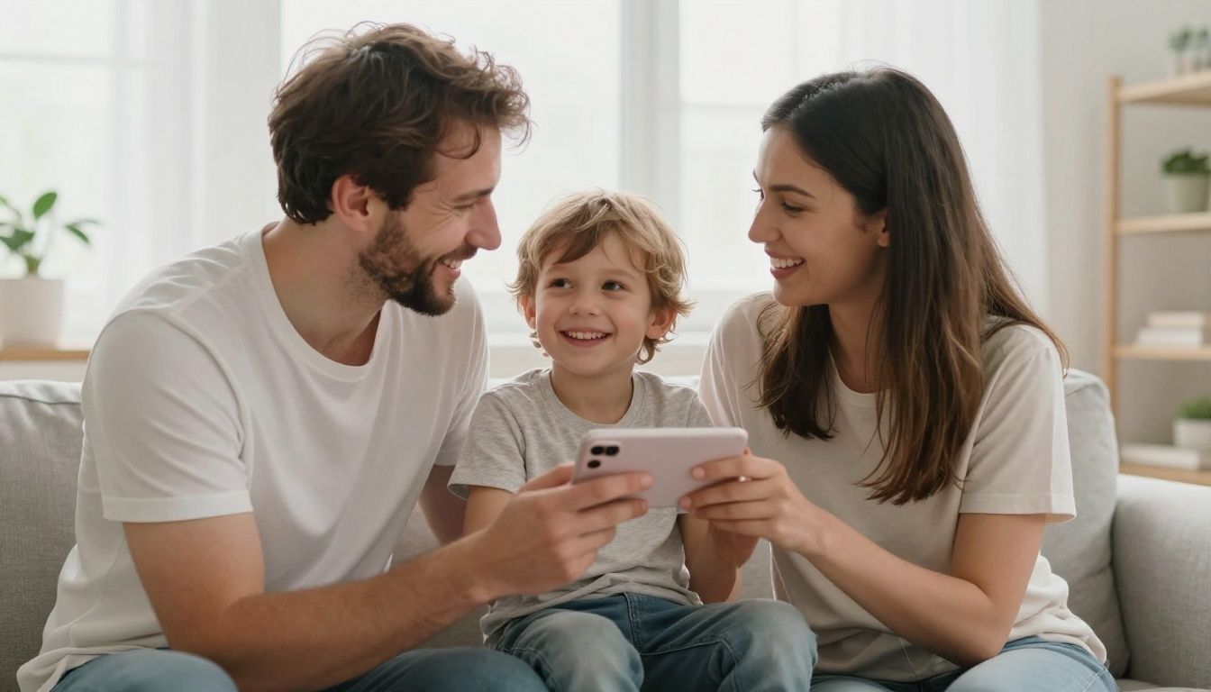 Family smiling together in a bright, happy setting.