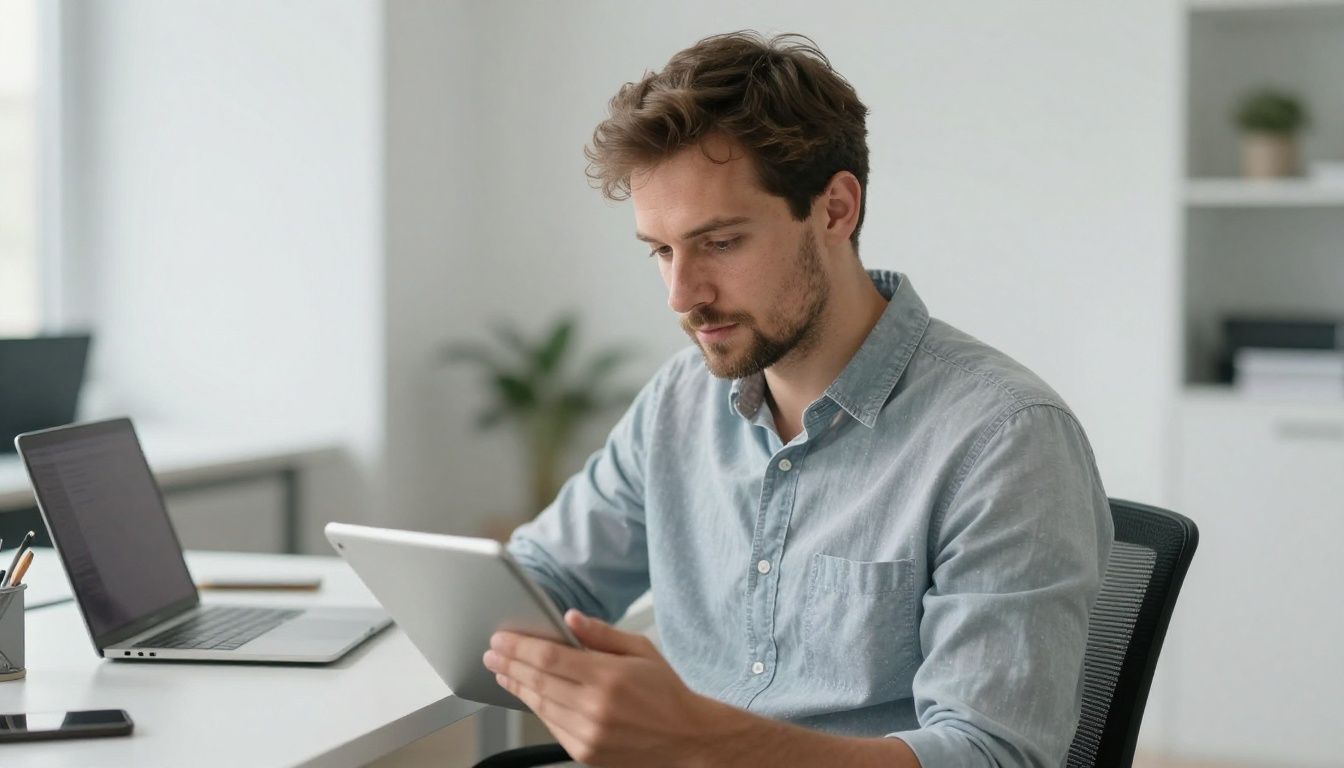 Man with tablet in a bright office environment.