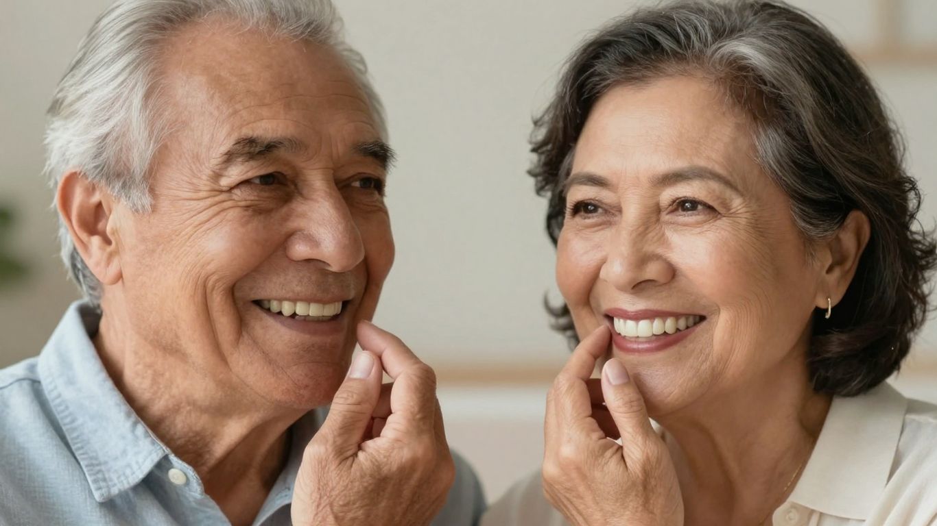 Älteres Paar lächelt mit gesunden Zähnen.