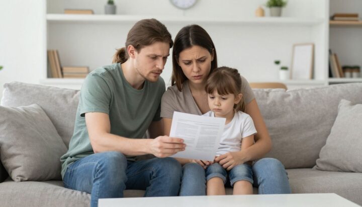 Family reviewing insurance document in a bright room.