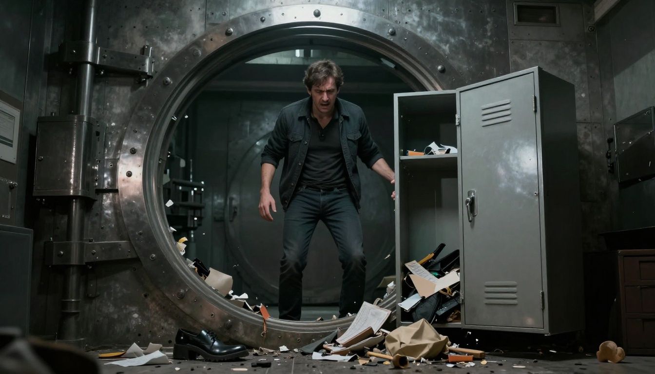 Man in vault looking at broken open locker