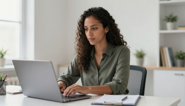 Woman using a laptop to change health insurance providers.