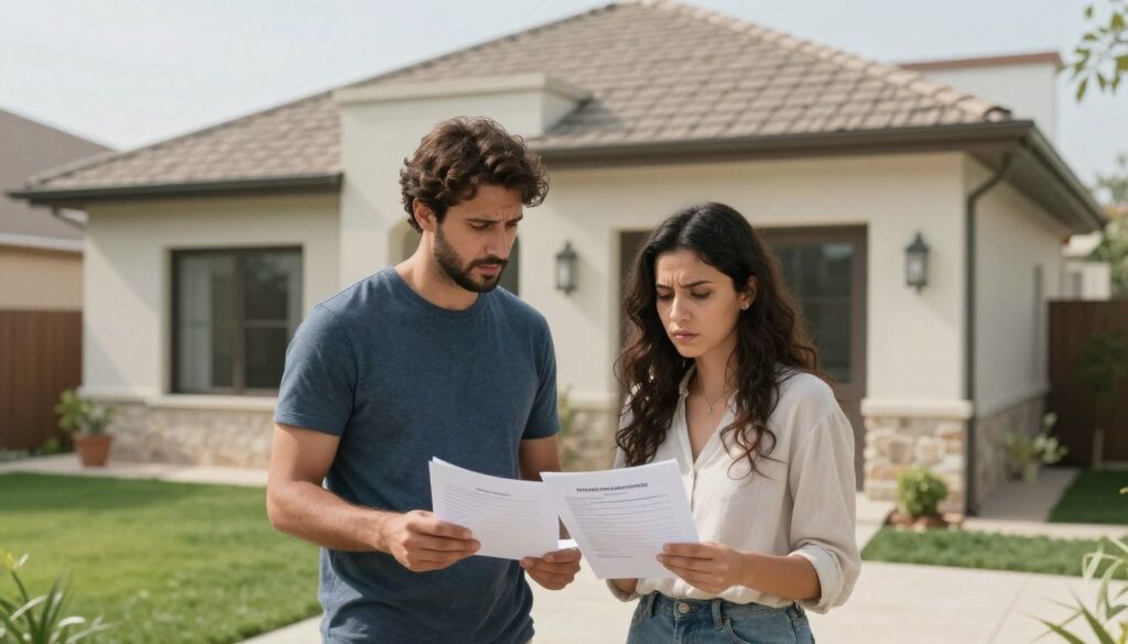 Couple looking at insurance documents outside their home.
